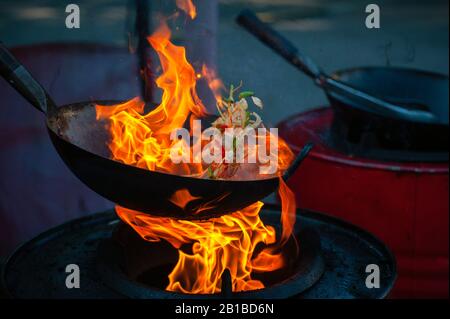 Cooking street food on a hot frying pan. Street food festival Stock Photo