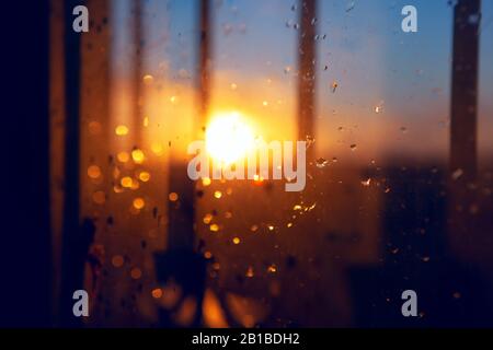 raindrops on the window in the sunlight Stock Photo