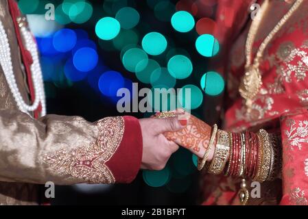 indian couple holding hand at wedding day  Stock Photo