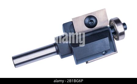 Straight shank router bit copy cutter isolated on white background. Milling cutting tool with replaceable knives and bearing for precise edge trimming. Stock Photo