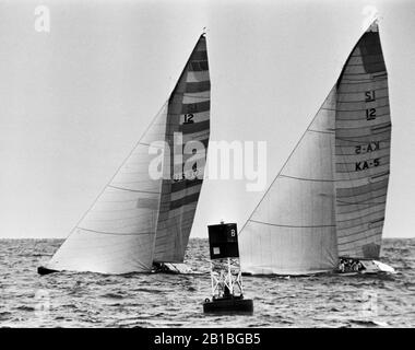 AJAXNETPHOTO. 26TH SEP 1980. NEWPORT, RHODE ISLAND, USA. - AMERICA'S CUP - FREEDOM (US-30) SKIPPERED BY DENNIS CONNER LEADS AUSTRALIA (KA-5)  AT THE START.  PHOTO:JONATHAN EASTLAND/AJAX REF:80926 2A Stock Photo