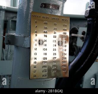 AJAXNETPHOTO. 3RD APRIL, 2019. CHATHAM, ENGLAND. - SPEED IN KNOTS - BRASS PLATE INDICATING SHIP SPEED AT SPECIFIC PROPELLOR REVOLUTIONS ON THE OPEN BRIDGE OF HMS CAVALIER, WORLD WAR II C CLASS DESTROYER PRESERVED AFLOAT IN NR 2 DOCK AT THE CHATHAM HISTORIC DOCKYARD.. IN WINNING RACE AGAINST HMS RAPID, CAVALIER'S AVERAGE SPEED TOPPED 31 KNOTS, REVOLUTIONS FOR WHICH ARE NOT SHOWN ON THIS PLATE.  PHOTO:JONATHAN EASTLAND/AJAX REF:GX8 190304 106 Stock Photo