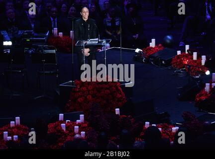 Diana Taurasi addresses family members, friends and fans attending the Celebration of Life for Kobe and Gianna Bryant memorial ceremony at Staples Center in Los Angeles on Monday, February 24, 2020. Kobe Bryant and Gianna Bryant were killed along with seven other people in a helicopter crash in Calabasas on January 26.   Photo by Jim Ruymen/UPI Stock Photo