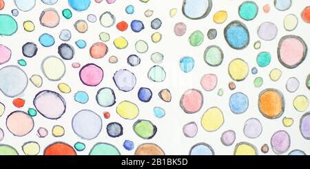 Multicolored watercolor circles pattern. Round shapes ornament. Colored painted bubbles design. Hand drawn Stock Photo