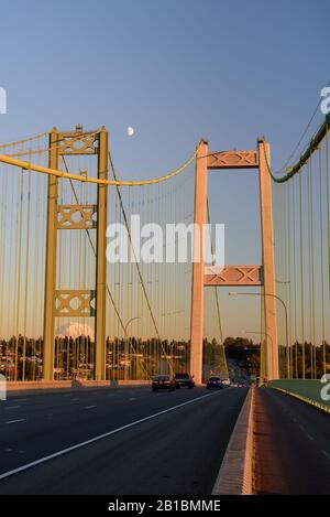 The Tacoma Narrows bridge is actually two suspension bridges over Puget Sound, serving as a link between Tacoma & the Kitsap Peninsula. Stock Photo