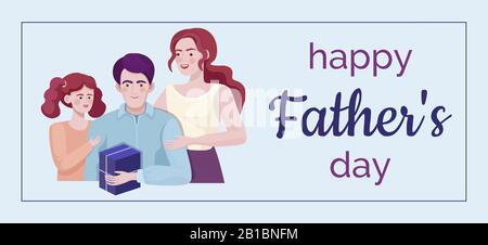Happy Father day banner vector template with text space. Smiling mother and daughter giving a present to father. Family time together, family congratulates dad flat concept. Stock Vector