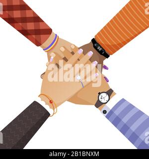 Hands of different skin color people putting together cartoon vector illustration. Women and men arms, teamwork, unity, togetherness flat concept. Top view of people putting their hands on each other. Stock Vector
