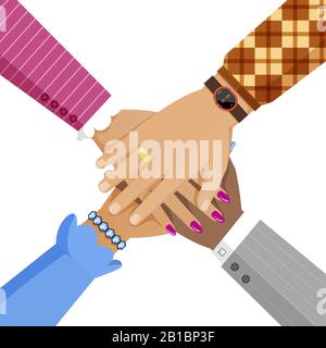 Women and men hands cooperation. Diverse group of people with different skin color putting arms together vector flat illustration. Teamwork, unity, agreement and partnership cartoon concept. Stock Vector