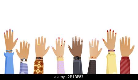Different people hands, women and men hands with watches and bracelets rising up vector flat illustration. Teamwork, election, voting or education cartoon concept isolated on white background. Stock Vector