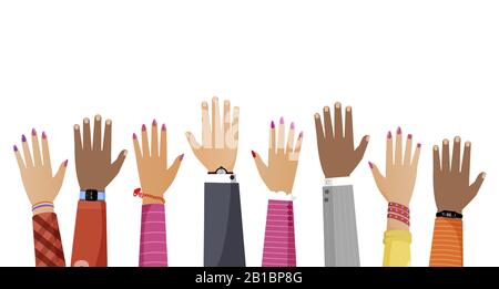 Hands of different skin color and diverse races people rising up vector flat illustration. Community, team building and teamwork, education, business cartoon concept isolated on white background. Stock Vector