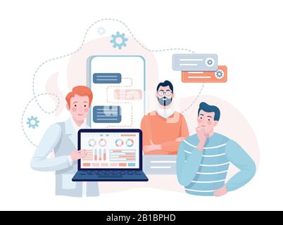 Three smiling young specialists showing presentation of mobile app and website design vector flat illustration. People building applications for smartphones and working on creating web design. Stock Vector