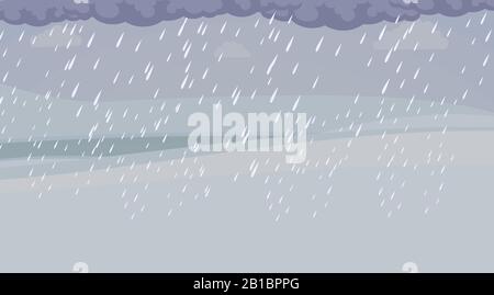 Heavy rain and dark clouds vector flat illustration. Rainy season, flood, natural disaster, storm, cataclysm, catastrophe and crisis. Bad weather concept. Stock Vector