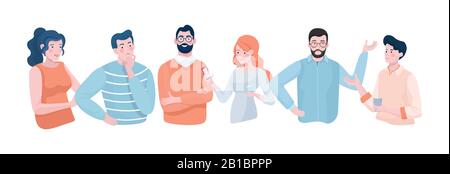 Group of young people taking coffee break, chatting in smartphones and having discussion vector flat illustration. Colleagues, office workers, friends, drinking coffee. Teamwork concept. Stock Vector