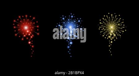 Red, blue and yellow sparkling fireworks realistic illustration isolated on black background. Multicolored explosion, new year, Christmas or holidays celebration vector elements. Stock Vector