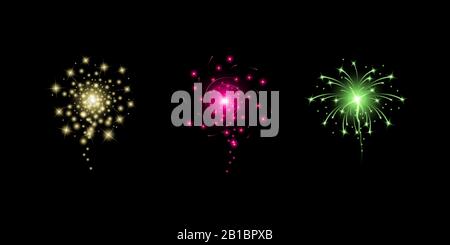 Yellow, pink and green sparkling fireworks in different shapes realistic illustration isolated on black background. Multicolored explosion, new year, Christmas or holidays celebration vector elements. Stock Vector