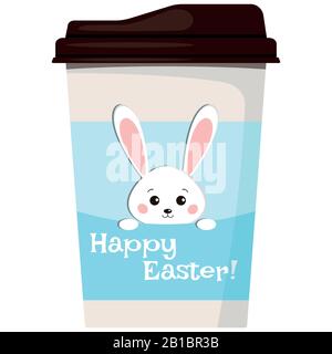 Easter cute white bunny on paper coffee or tea cup icon isolated on white background. Stock Vector