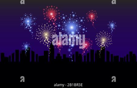 Night city skyline with blue, yellow and red fireworks realistic illustration. Town silhouette and colorful fireworks above. Vector concept for new year, Christmas, holidays celebration card design. Stock Vector
