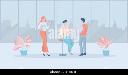 Young specialists during the coffee break at work vector flat illustration. Woman with smartphone and two men discussing. Colleagues, office workers, teamwork concept. Stock Vector