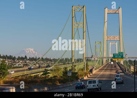 The Tacoma Narrows bridge is actually two suspension bridges over Puget Sound, serving as a link between Tacoma & the Kitsap Peninsula. Stock Photo