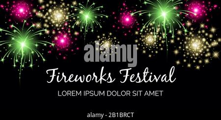 Fireworks festival vector banner template with text space. Bright colorful festive fireworks in different shapes for holiday and celebration design in realistic style. Stock Vector