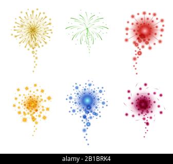 Multicolored sparkling fireworks in different shapes realistic illustration isolated on white background. New year, Christmas, festival or holidays celebration vector elements. Stock Vector