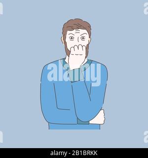 Scared man with hands near mouth biting nails cartoon illustration isolated on blue. Terrified, frightened man in panic. Mental disorder, emotional troubles outline vector concept. Stock Vector