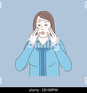 Young woman in panic vector cartoon illustration isolated on blue background. Girl with hands near mouth, nervous and worried. Mental disorder, phobia, psychology problem outline concept. Stock Vector