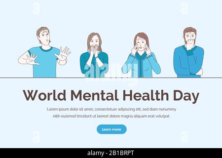 World mental health day landing page vector concept with text space. Scared, terrified people in panic. Psychology counseling, emotional troubles and mental therapy cartoon outline illustration. Stock Vector