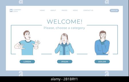 Counseling psychology and mental health landing page concept with text space. Scared, nervous and terrified cartoon outline characters. Phobia or mental disorder web banner template. Stock Vector