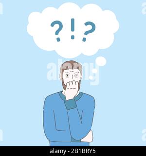 Scared man biting nails cartoon character isolated on blue background. Frightened man in panic outline illustration. Mental disorder, emotional troubles, psychology counseling vector concept. Stock Vector
