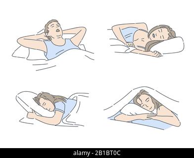 Man and women in night clothes sleeping in bed under blanket vector cartoon illustration isolated on white background. Sleeping peacefully, relax and sweet dreams outline concept. Stock Vector