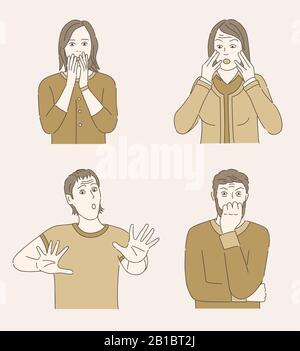 Scared women in panic with hands near mouth and frightened, terrified men vector cartoon illustration. Mental health, phobia, psychology problem or psychological disorder outline concept. Stock Vector