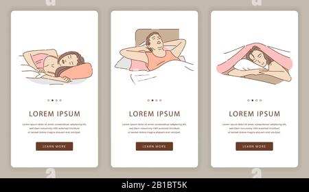 Sleeping people mobile app screens with text space. Man and women lying on bed and taking a rest or relax time vector cartoon illustration. Sleeping correction, sweet dreams website template. Stock Vector