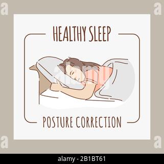 Healthy sleep and posture correction vector banner template with text space. Woman lying on pillow under blanket and taking a rest. Sweet dreams, relax outline cartoon illustration. Stock Vector