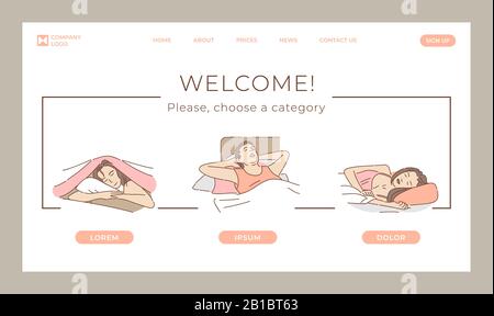 Sleeping people landing page concept with text space. Man and women taking a rest or relax time in bed vector cartoon outline illustration. Sleeping correction, sweet dreams web banner template. Stock Vector