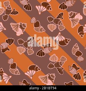 seashells and diagonal stripes seamless vector pattern in rust and brown Stock Vector