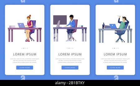 Office working, outsourcing or virtual office mobile app screens with text space. Smiling young people sitting in front of computers with earpiece and microphone on head vector flat illustration. Stock Vector