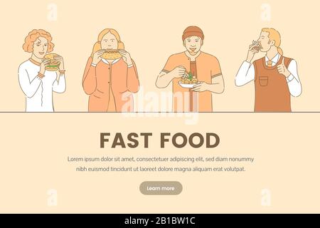 Fast food vector banner template. Happy people eating cake, cupcake, hot dog and hamburger cartoon outline illustration. Women and men love dessert and fast food vector landing page concept. Stock Vector