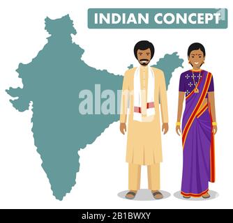 Family and social concept. Set of couple standing together indian man and woman in different traditional national clothes on background with map of Stock Vector