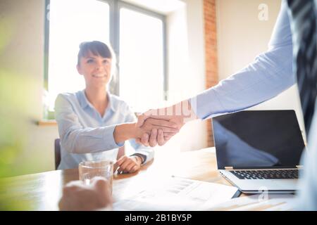 Business people shaking hands, finishing up meeting. Successful businessmen handshaking after good deal. Stock Photo