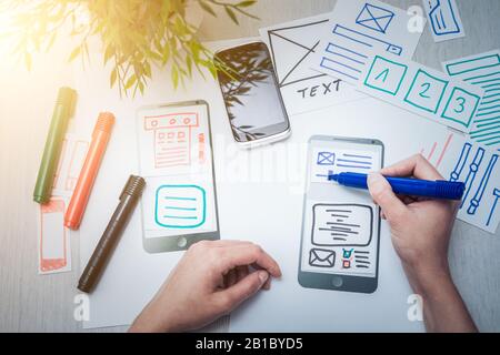 Designer woman drawing website ux app development. User experience concept. Stock Photo