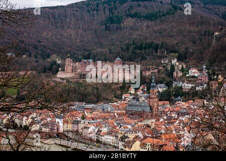 Heidelberg castle and the old town from above Stock Photo