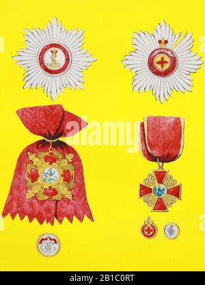 Stars and medal signs of St. Alexander Nevsky (left) and St. Anna. Illustration of the 19th century. Stock Photo
