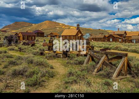 Bodie, California, USA- 03 June 2015: The Methodist Church in Bodie, ghost town. Bodie State Historic Park. Abandoned wooden houses. Bodie hills in th Stock Photo