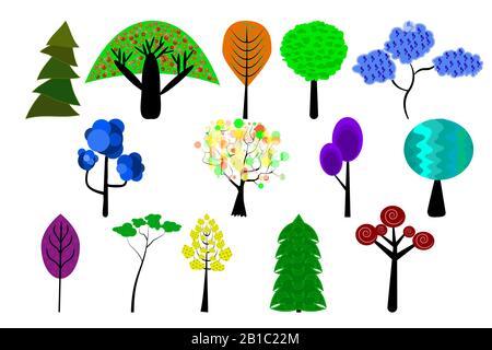 Set of trees isolated on white background. Collection of colorful trees icon or logo. Spring or summer stylized trees. Eco environment symbol. Vector Stock Vector