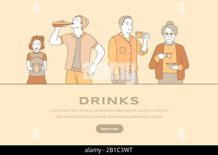 Drinks vector banner template. Happy people drinking coffee, tea and soda cartoon outline illustration. Men, girl and adult woman love hot and cold beverages vector landing page concept. Stock Vector