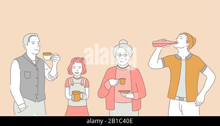 People, men, girl and adult woman drinking coffee, tea and soda vector cartoon illustration. Happy smiling people holding cups and bottles of beverages outline concept. Stock Vector