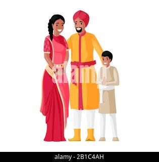 Happy smiling Indian family vector flat illustration isolated on white background. Family generations, mother, father and son in national dress standing together. Stock Vector