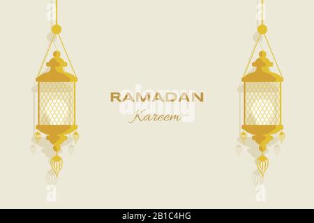 Ramadan Kareem flat greeting card template with text space. Golden glowing lanterns on white background vector illustration. Muslim holiday, Arabic and Islamic flyer design for Eid Mubarak.