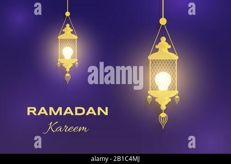 Ramadan Kareem flat greeting card template with text space. Golden glowing lanterns on blue background vector illustration. Muslim holiday, Arabic and Islamic flyer design for Eid Mubarak. Stock Vector